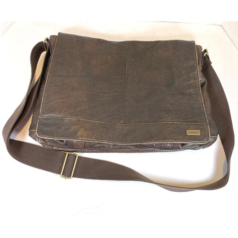 Hugo Boss Orange Distressed Brown Leather Messenger Bag Crossbody Satchel Large